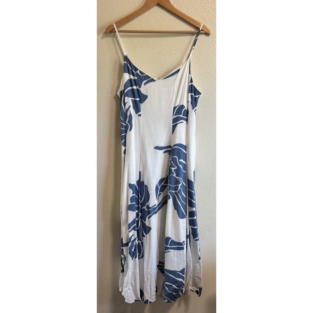 MSK Sun Dress Rayon Linen White Blue Sleeveless Lined Vacation Resortwear Size L - Picture 2 of 10